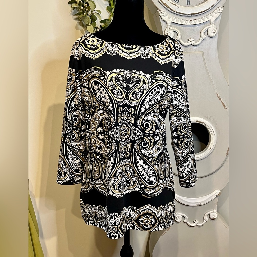 Women's Charter Club Paisley Black, White, & Gold Boat-Neck Top. Medium